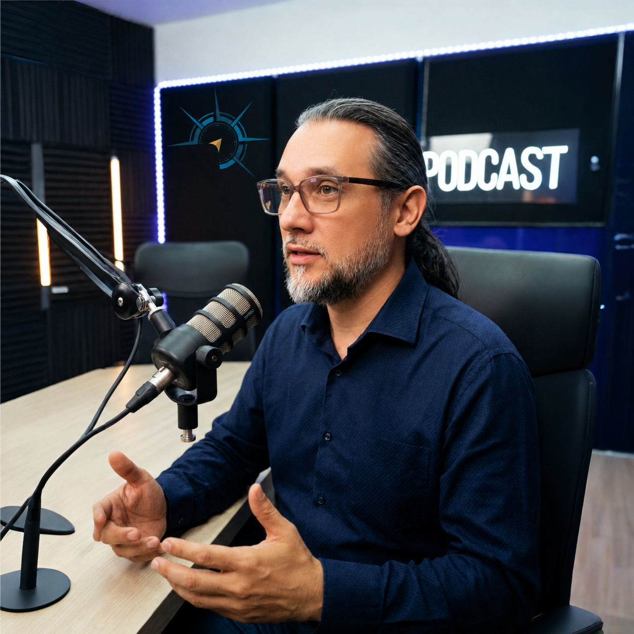 Demitrios de Souza falando ao microfone em um estúdio de podcast
